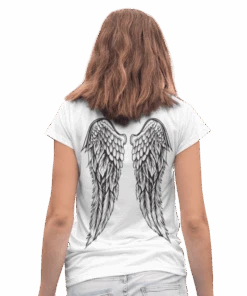 Back Printed Tattoo Style Angel Wings T-Shirt For Women